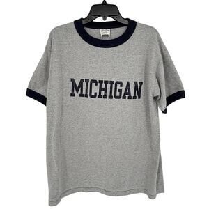 Vintage MICHIGAN Ringer Neck T-Shirt Grey Navy Logo